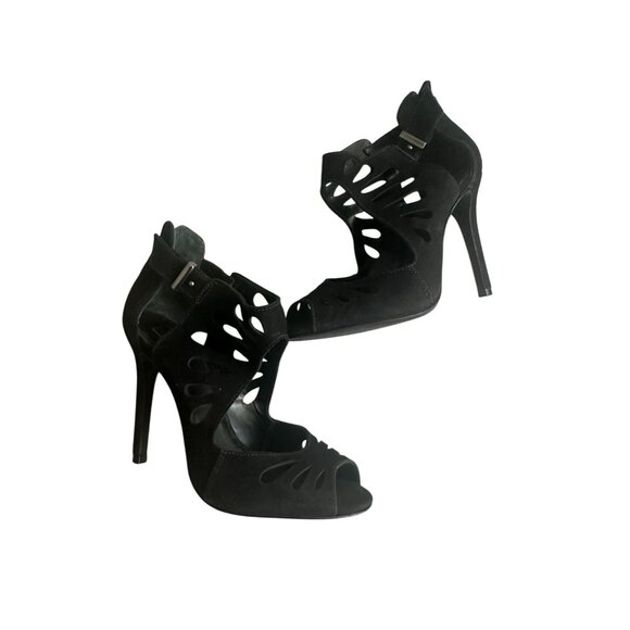 SCHUTZ Black Suede Zip Sandals Heels Size 6.5 - Picture 2 of 9